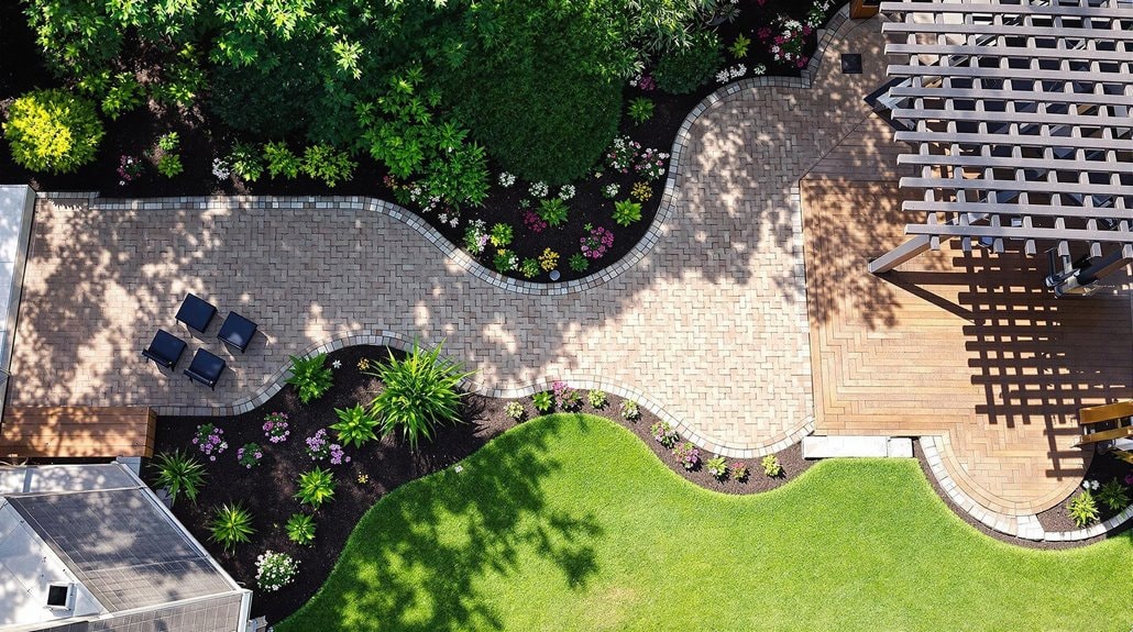 a brick walkway to a large pergola