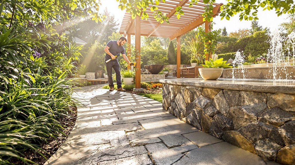 a man cleaning his pergola in the sunshine