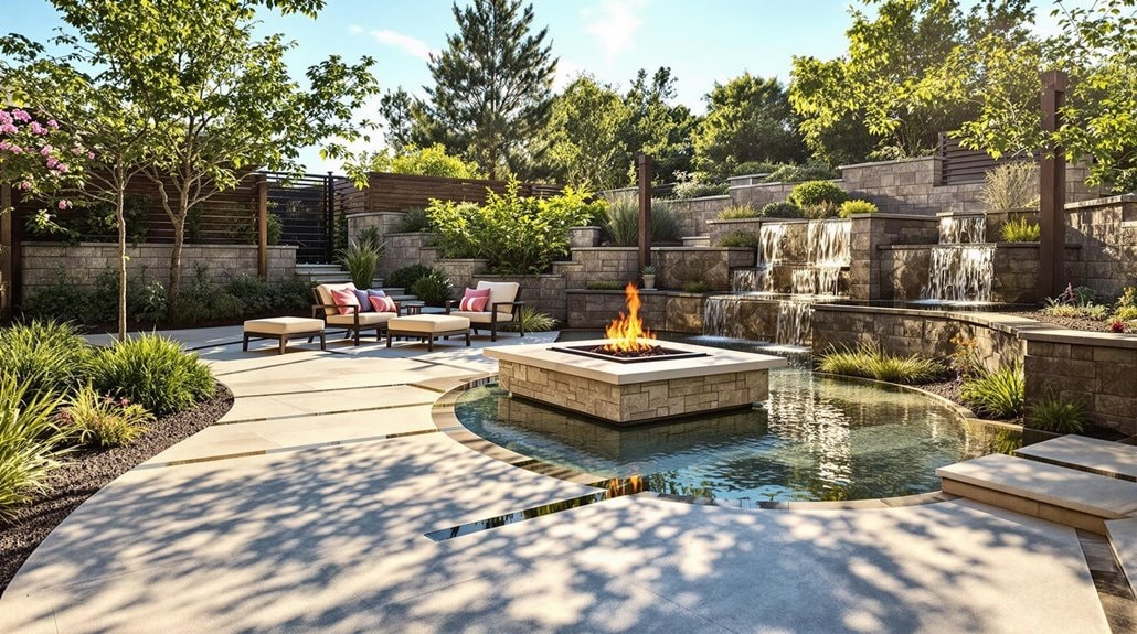 a tiered patio above a fireplace surrounded by water