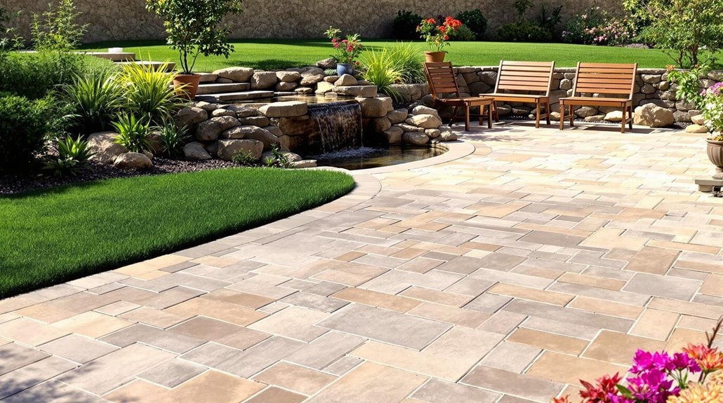 a brick patio leading to a small water feature