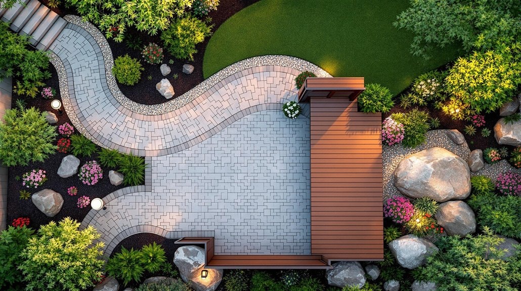 a well maintained yard with brickwork and wood decking