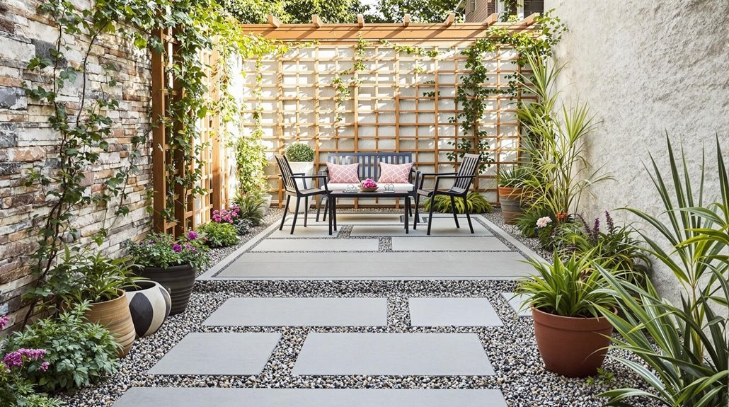 a secluded back seating area made of bricks and rocks