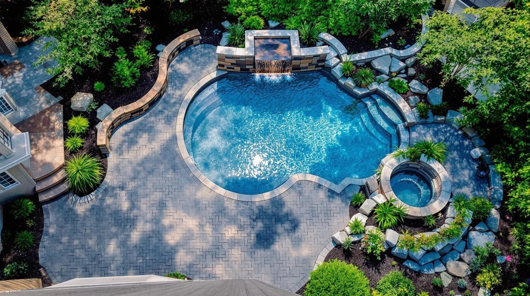 a backyard with pool and water fall surrounded by trees