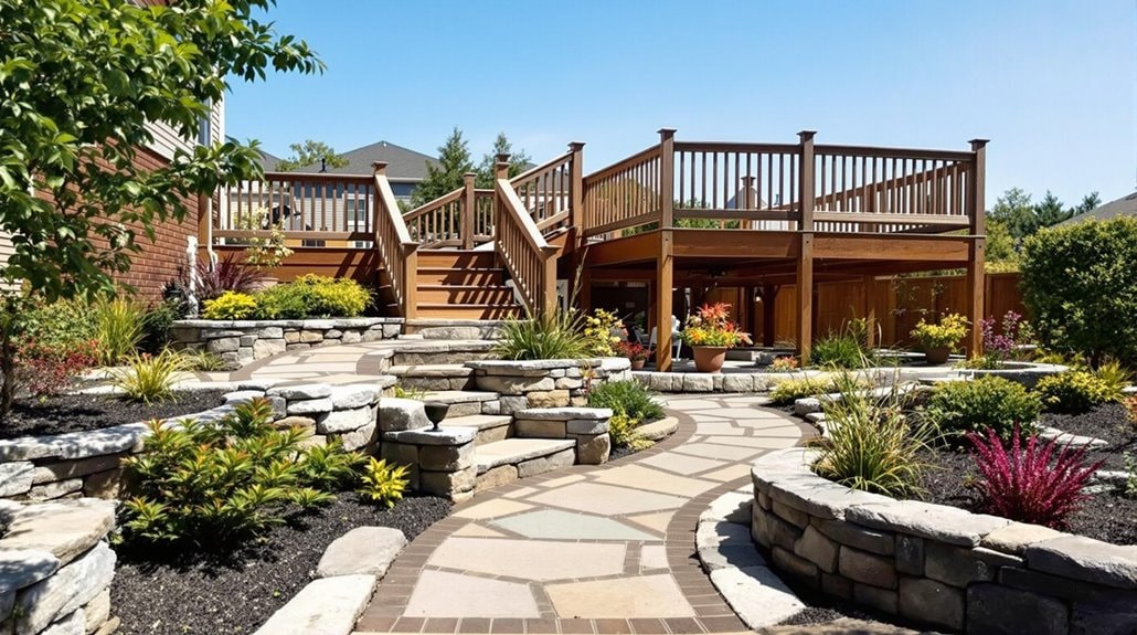 a large raised wooden deck above a brick patio