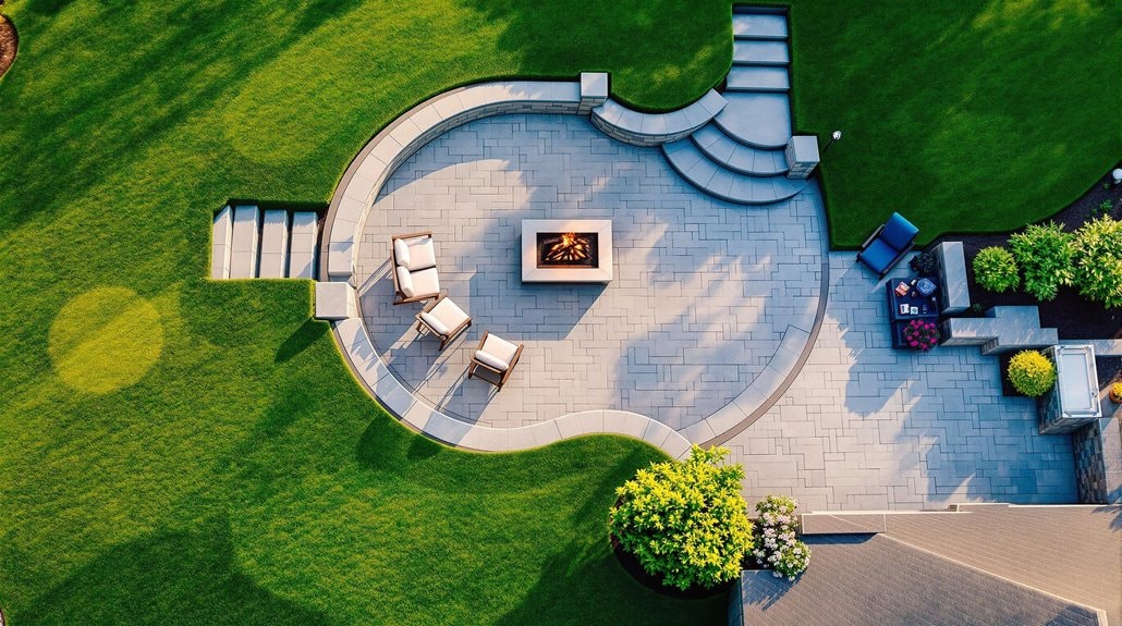 top view of a brick patio and fire pit surrounded by lush grass