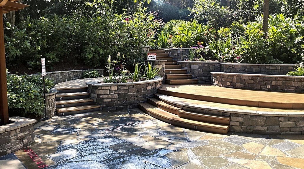 stairs made of brick pavers leading to upper patio levels