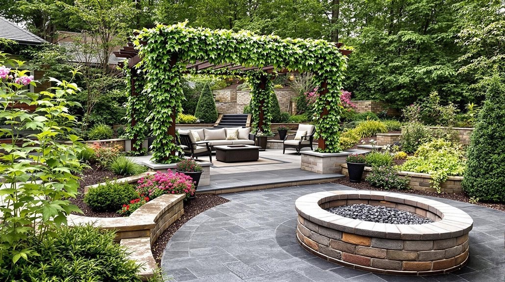 a plant covered pergola with seating area