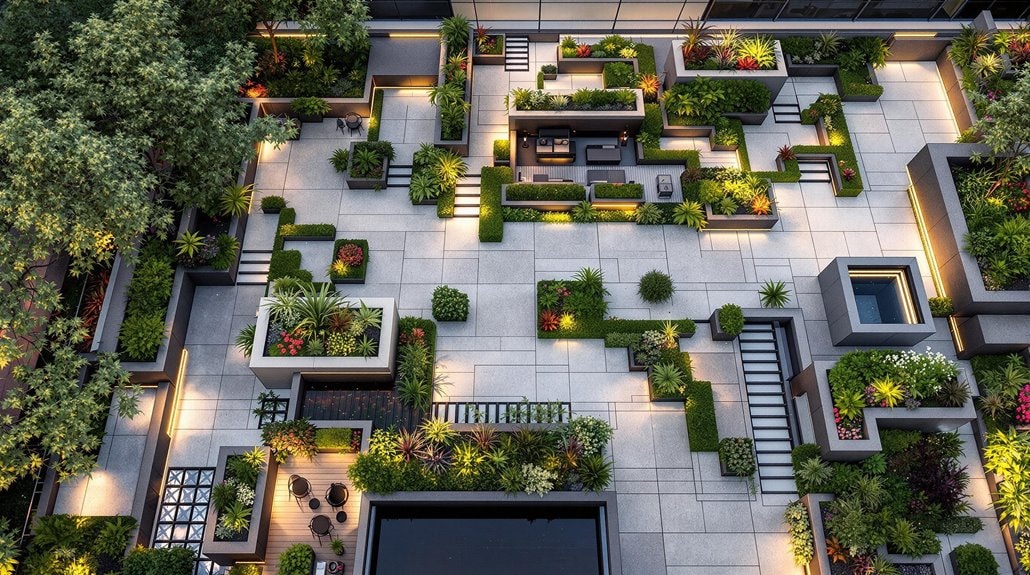 a very large brick patio system with plants throughout