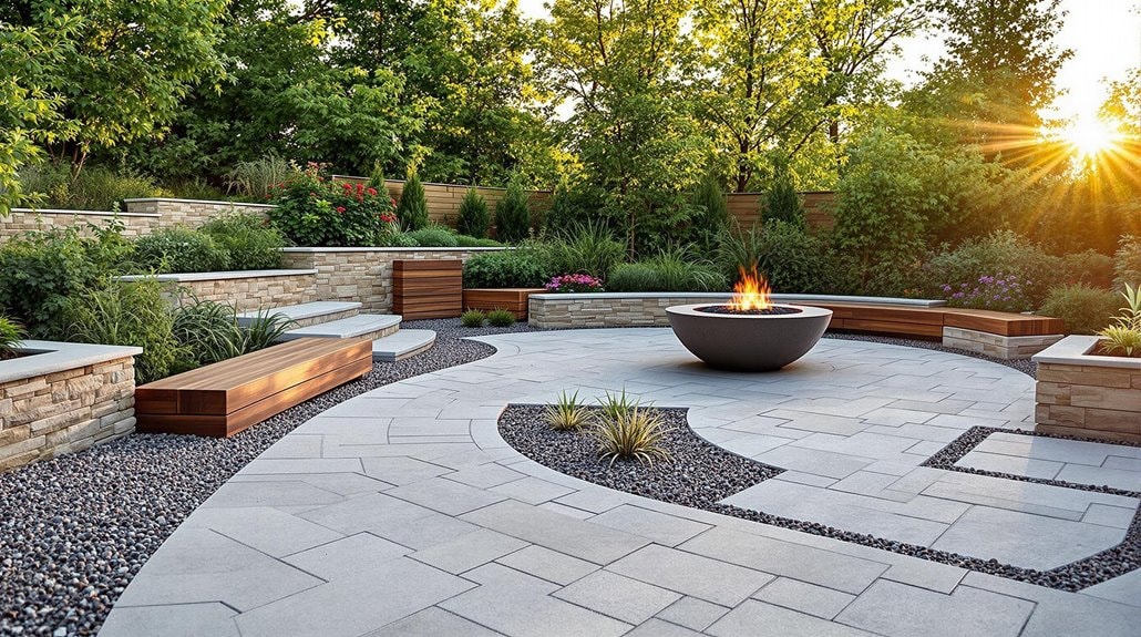 What Is Hardscaping? A beautiful multi level garden patio with firepit