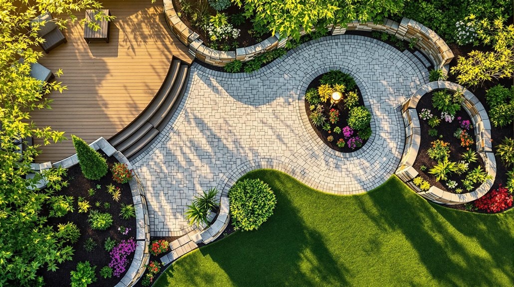 top view of a multi level backyard using both brick and wood products