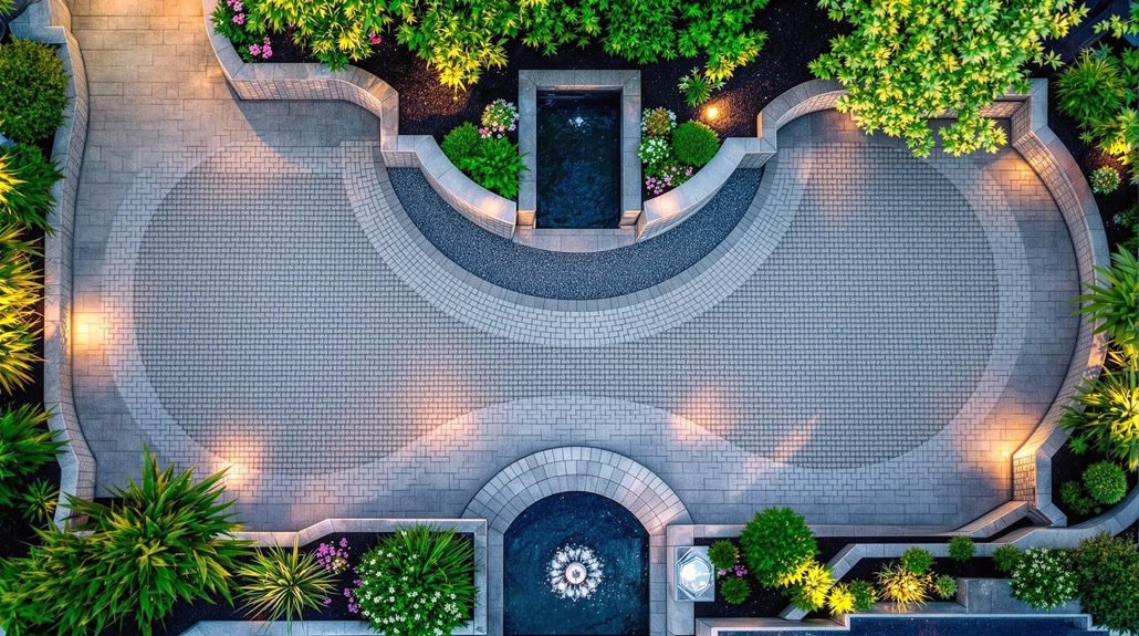 overhead view of a multi coloured brick patio