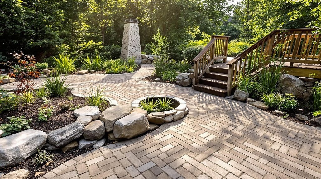 a backyard garden of plants, wooden deck and brick patio