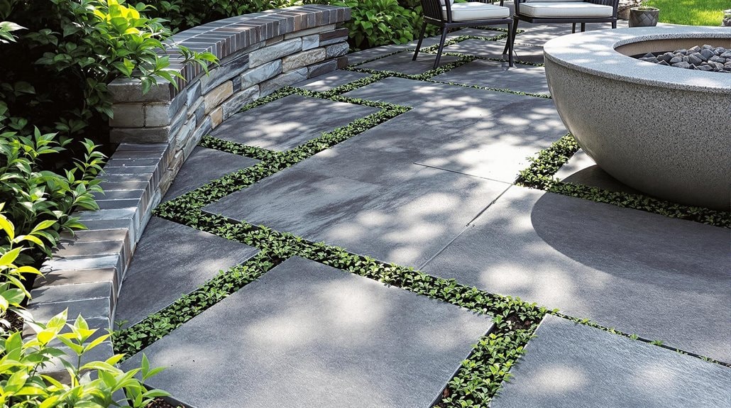 a brick walkway with planted grouting