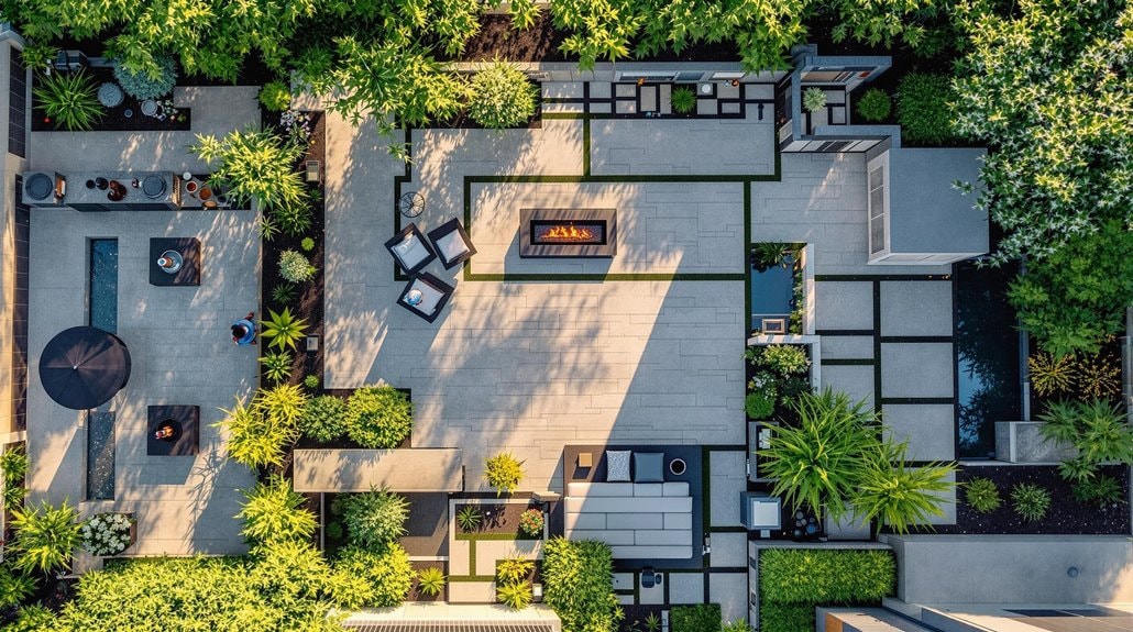 an above view of an intricate multi level patio