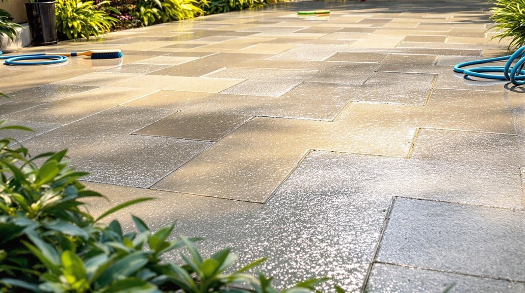 a close up ground view of a clean brick patio