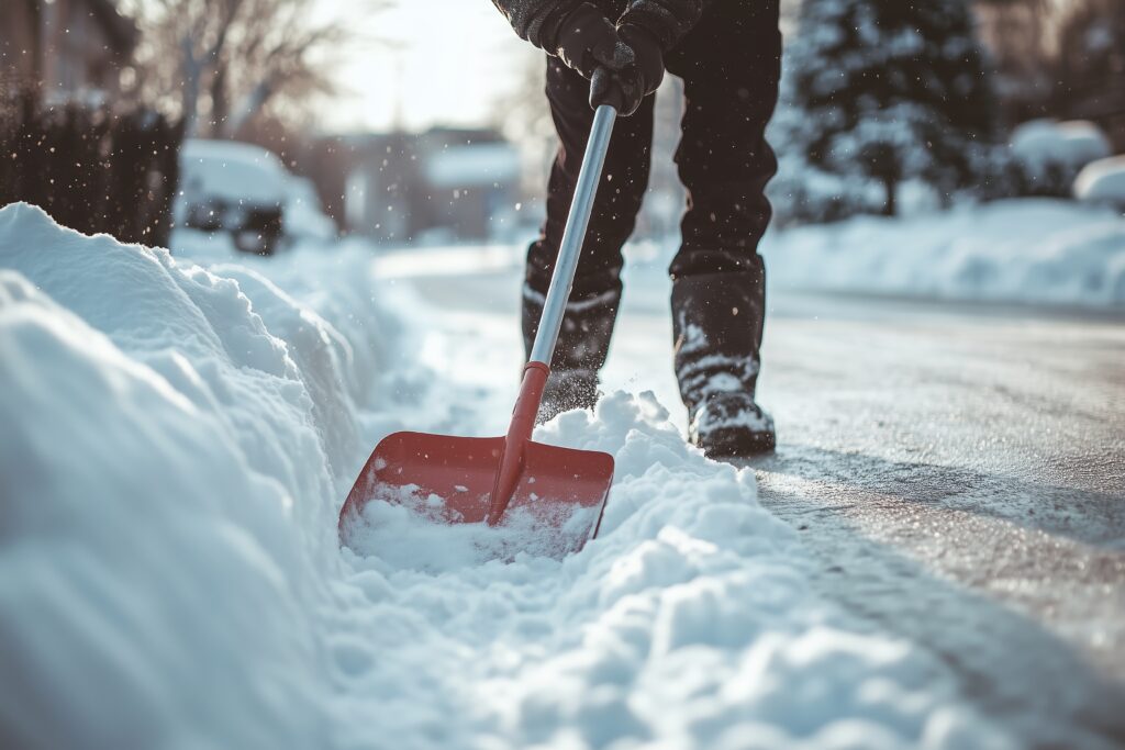 Snow Clearing 4 person shoveling snow quiet suburban street winter late afternoon creating clear path amidst snowfall